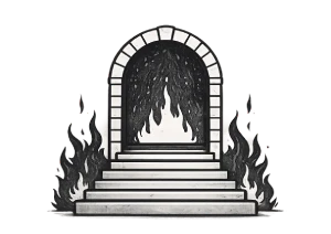 Ícone de um forno com escada na entrada, e grandes chamas nas bordas das escadas e dentro da fornalha para a seção "Infernos".