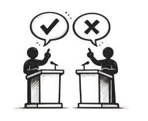 Ícone de duas pessoas debatendo e saindo deles balões com sinal de verificado e o outro com um "x" para a seção "Argumentos.